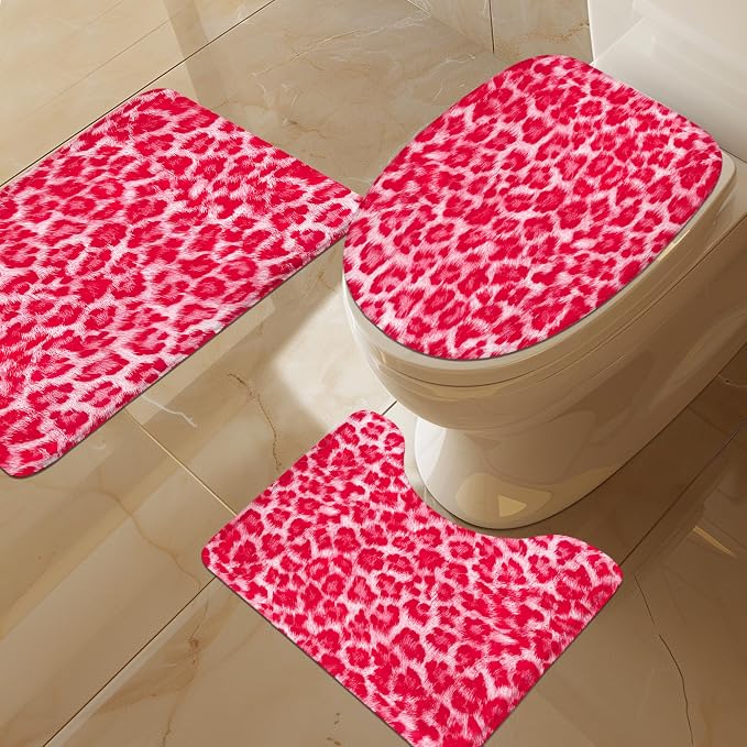 4 PCS Hot Pink Leopard Print Shower Curtain Set 72Wx72H,Toilet Lid Cover,Non-Slip Rugs and U-Shaped Mat,Wild Safari Cheetah Bathroom Sets with Rugs with 12 Hooks for Bathroom Decor