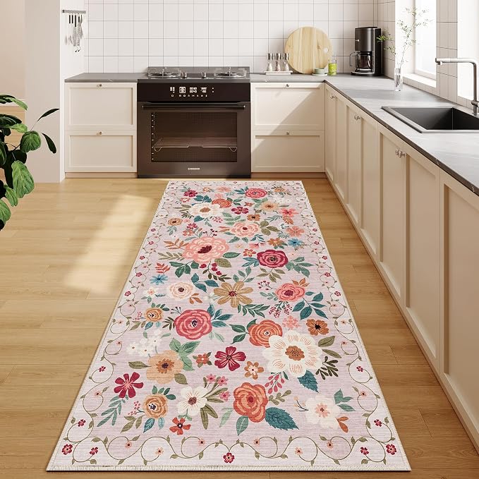 DUKINO 3x8 Runner Rug, Washable Rug for Kitchen with Non Slip Backing, Soft Non Shedding & Low Pile Design Long Floor Carpet Runner for Hallway, Bathroom, Entryway, Laundry, Beige