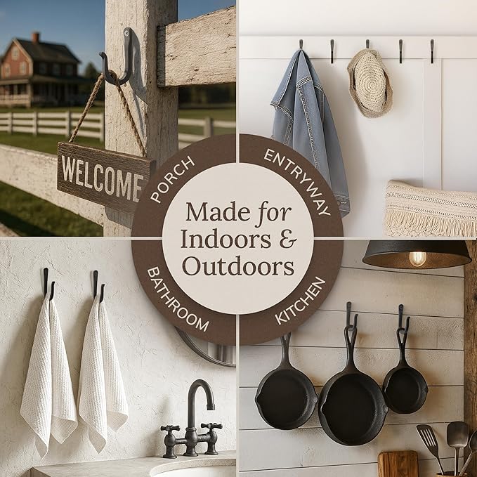 Railroad Spike Cast Iron Hooks (10 Pack) Handmade Blacksmith, Wall Mounted Farmhouse Decorative Hooks, PowderCoated for Interior or Exterior Use, Rust Proof for Hanging Coats, Bags or Pots (Black)