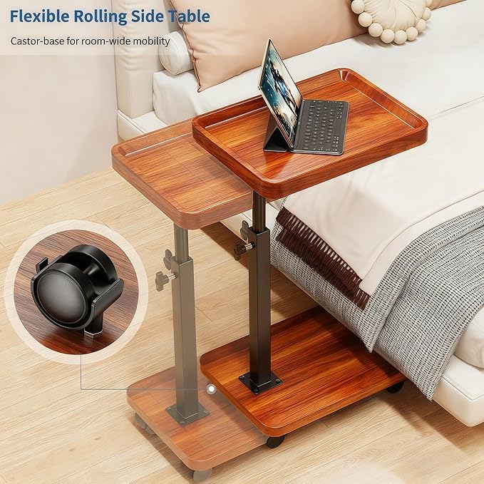 C Table End Table Adjustable Height, 360°Swivel TV Tray Table for Small Spaces, Side Tables with Wheels for Living Room and Bedroom, Bed (Yellow)