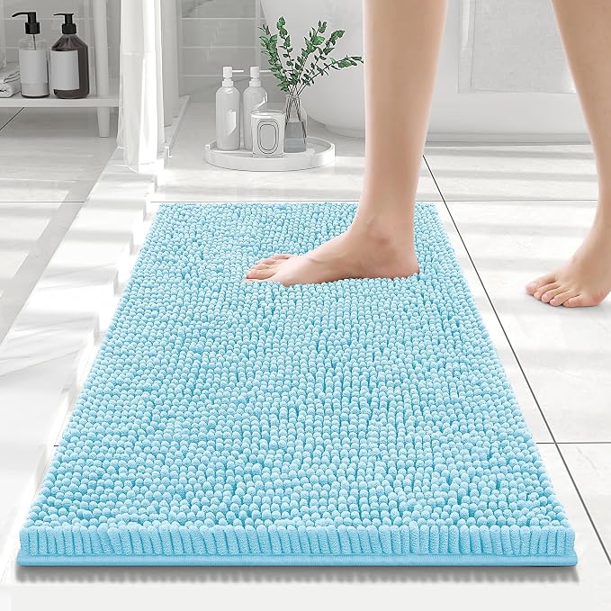 Smiry Luxury Chenille Bathroom Rugs 24x16, Extra Soft and Absorbent Shaggy Bath Mat, Machine Washable, Non-Slip Plush Carpet Runner for Tub, Shower, and Floor, Home Decor Accessories, Sky Blue
