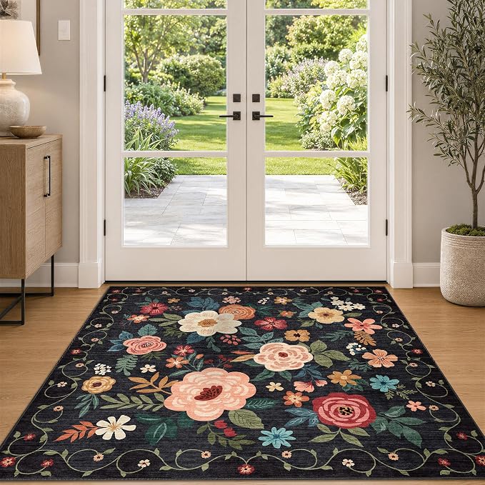 DUKINO 4x4 Square Area Rug, Floral Indoor Floor Washable Entryway Rug with Low Pile Design, Boho Non Slip Thin Doormat Carpet for Kitchen, Bedroom, Living Room, Office, Kids Playroom, Black
