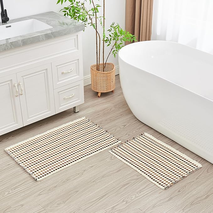 Douceur Boho Bath mat for Bathroom Floor Non Slip, Acrylic Blend Cute Bath Mats with Tassels, Quick Dry Bath mats Machine Washable, 24" x 36", Brown
