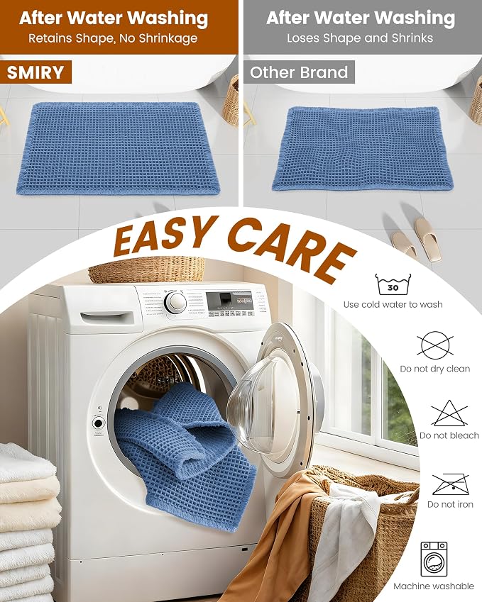 Smiry Waffle Bath Mat 24x16, Extra Soft Absorbent Bathroom Rugs, Non Slip Machine Washable Quick Dry Bath Rugs for Bathroom Floor, Tub, Shower, Home Decor Accessories, Blue
