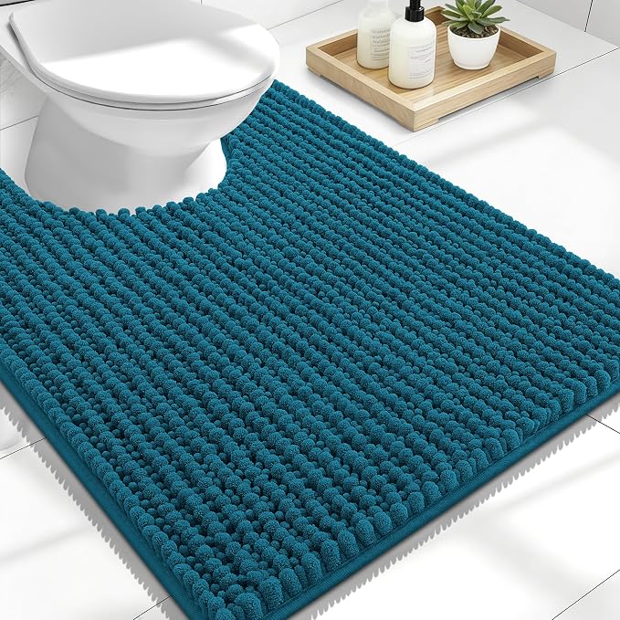 OLANLY Thick Toilet Rugs U-Shaped 24x20, Extra Soft Absorbent Shaggy Chenille Contour Bathroom Rugs for Toilet, Dry Quickly, Machine Washable, Non-Slip Bath Mat, Peacock Blue