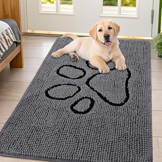 Smiry Dog Door Mat for Muddy Paws, Absorbent Dirt Trapper Non Slip Quick Dry Washable Chenille Mat for Mud Dogs, Entry Rug for Indoor and Outdoor (47x32 Inches, Dark Grey and Black)