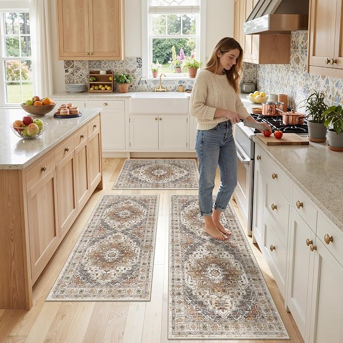 Madane Washable Kitchen Rug Set of 3, Small Area Rug Non-Slip Vintage Entryway Door Mat Indoor Entrance, Low Pile Floor Carpet Runner for Inside Front Door Entry Laundry (2x3+2x4+2x5, Turmeric/Grey)