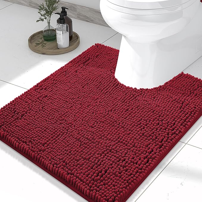 Smiry Luxury Chenille Toilet Rugs U-Shaped 20x20, Soft Absorbent Non-Slip Contour Bathroom Rugs for Toilet, Machine Washable Contoured Bath Mats, Red