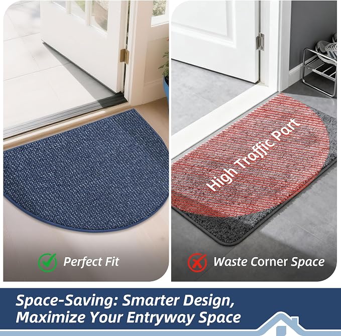 BEQHAUSE Dirt Trapper Door Mat 32" x 48" Half Circle Non-Slip Washable Doormats Entrance Rugs Absorbent Welcome Low Profile Floor Mats for Front Back Door and Entryway, Blue