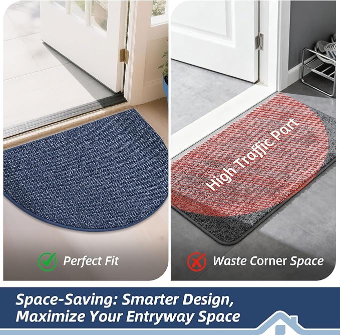 BEQHAUSE Dirt Trapper Door Mat 24" x 36" Half Circle Non-Slip Washable Doormats Entrance Rugs Absorbent Welcome Low Profile Floor Mats for Front Back Door and Entryway, Blue