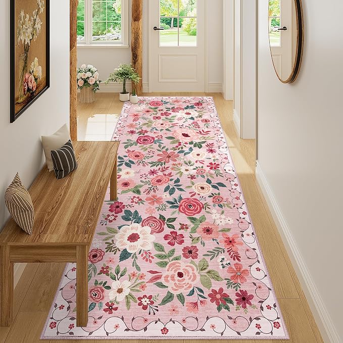 DUKINO 3x8 Runner Rug, Washable Rug for Kitchen with Non Slip Backing, Soft Non Shedding & Low Pile Design Long Floor Carpet Runner for Hallway, Bathroom, Entryway, Laundry, Pink