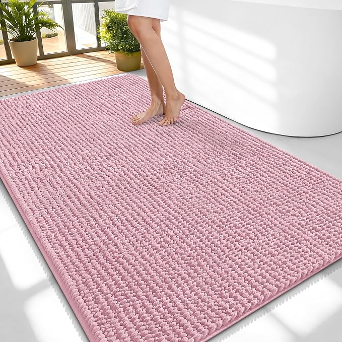 OLANLY Thick Large Bathroom Rugs 59x35, Extra Soft Absorbent Chenille Bath Rugs, Rubber Backing, Machine Wash Dry, Bath Mats for Bathroom Floor, Tub and Shower, Home Decor Accessories, Dusty Rose
