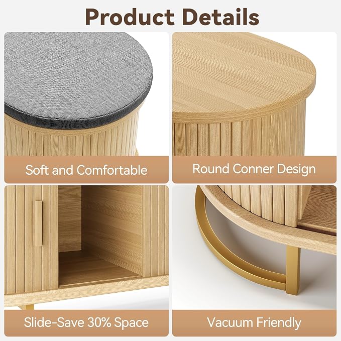 Decofy Storage Bench with Cushion and Sliding Doors, 47.2 Inch Large Entryway Shoe Bench with Sturdy Metal Feet, Multi-Functional for Entrance Hall, Bedroom, Living Room (Oak)