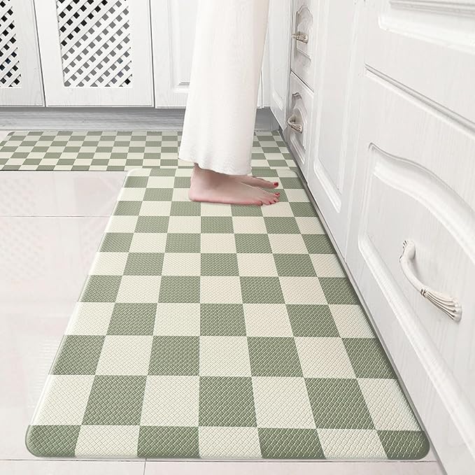 Beige Sage Checkered Grid Checkerboard Kitchen Rug Sets [2 PCs], Anti-Fatigue, Waterproof Non-Slip Kitchen Mats Heavy Duty Comfort Foam Rug for Kitchen, Floor, Laundry,17"x29"+17"x47"