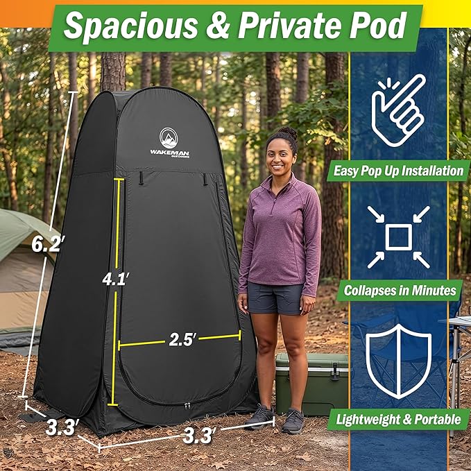 Wakeman Pop Up Changing Tent, 3.3 x 3.3 x 6.2ft, Camping Shower Tent for Portable Toilet Stall or Dressing Room with Carry Bag for Camping, Beach, or Tailgate, Polyester
