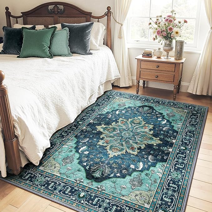 RELEANY Area Rugs 4'x6' Washable Non-Slip, Floral Vintage Distress Medallion Carpet for Living Room Bedroom Dining Room, Teal Green Lake Blue Turquoise