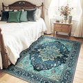 RELEANY Area Rugs 4'x5' Washable Non-Slip, Floral Vintage Distress Medallion Carpet for Living Room Bedroom Dining Room, Teal Green Lake Blue Turquoise