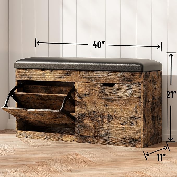 40" Shoe Storage Bench with 2 Flip Drawers & Padded Seat Cushion, Shoe Cabinet with Lift Top Storage Box, Shoe Bench Shoe Organizer for Entryway, Hallway, Living Room, Vintage Brown