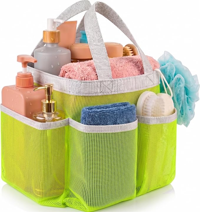 Handy Laundry Mesh Shower Caddy – 7 Pocket Portable Shower Caddy for Dorm, Gym, Travel & Bathroom – Quick-Dry Collapsible Organizer Tote Bag for College Essentials, Toiletries & Small Items (Green)