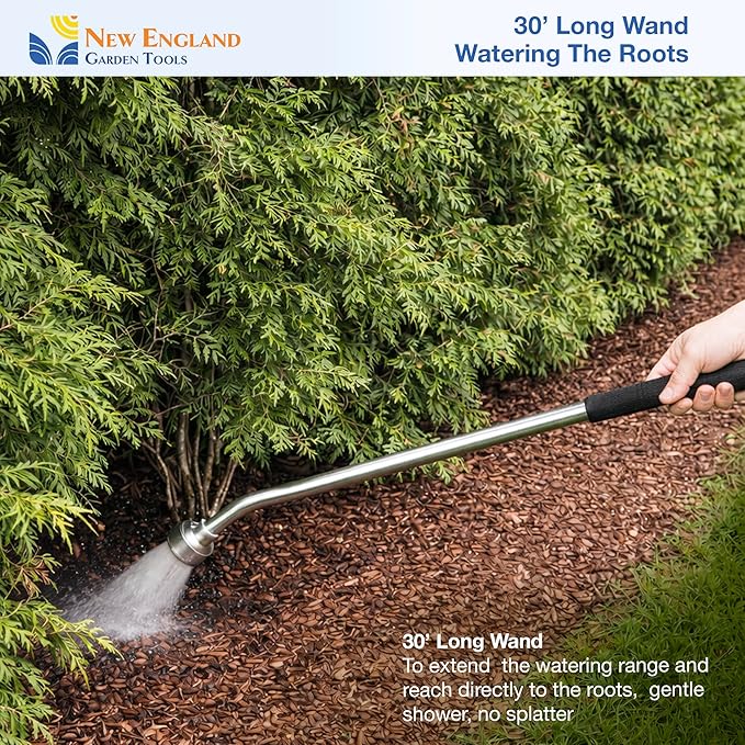 30 Inch Soft Rain Watering Wand 600003, Gentle Shower Spray, Heavy Duty Lightweight Metal Build, Comfort Grip, Flow Control Shut Off Valve, for Plants, Yards, Cars & Pets, by New England Garden Tools