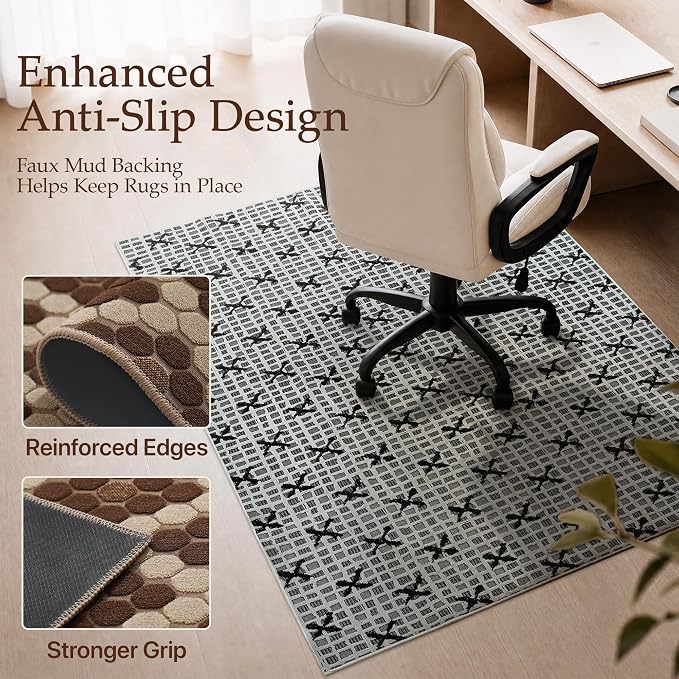 48"x60" Office Chair Mat for Hardwood Tile Floor, Under Desk Carpet Protector for Rolling Computer Chair Mat, Machine Washable Area Rug, Anti-Slip 1/5" Thick Low Pile Thin Floor Mat, Birch Grey