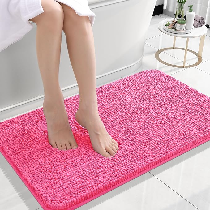 OLANLY Small Bathroom Rugs 24x16, Extra Soft Absorbent Chenille Bath Rugs, Rubber Backing Quick Dry, Machine Washable Bath Mats for Bathroom Floor, Tub and Shower, Home Decor Accessories, Hot Pink