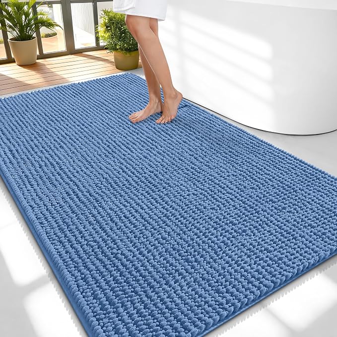 OLANLY Thick Large Bathroom Rugs 59x35, Extra Soft Absorbent Chenille Bath Rugs, Rubber Backing, Machine Wash Dry, Bath Mats for Bathroom Floor, Tub and Shower, Home Decor Accessories, Cornflower Blue