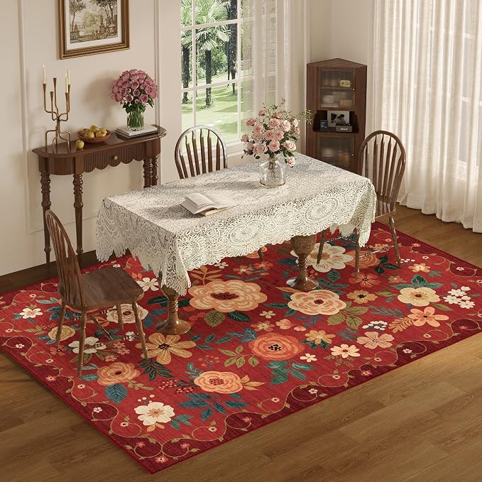 DUKINO 6x9 Area Rug, Floral Rugs for Living Room, Lightweight Non Slip Washable Rug, Indoor Low Pile & Non-Shedding Boho Design Rugs for Bedroom, Living Room, Dining Room, Red