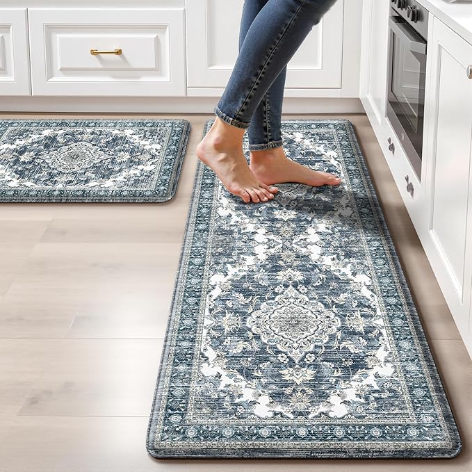 Boho Kitchen Mats for Floor 2 Piece Set Anti Fatigue Cushioned PVC Kitchen Rugs Non Slip Waterproof Farmhouse Mats 2/5 Inch Comfort Standing Mat for Sink, Laundry, 17.3"x59"+17.3"x28", Dark Blue