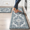 Boho Kitchen Mats for Floor 2 Piece Set Anti Fatigue Cushioned PVC Kitchen Rugs Non Slip Waterproof Farmhouse Mats 2/5 Inch Comfort Standing Mat for Sink, Laundry, 17.3"x59"+17.3"x28", Dark Blue