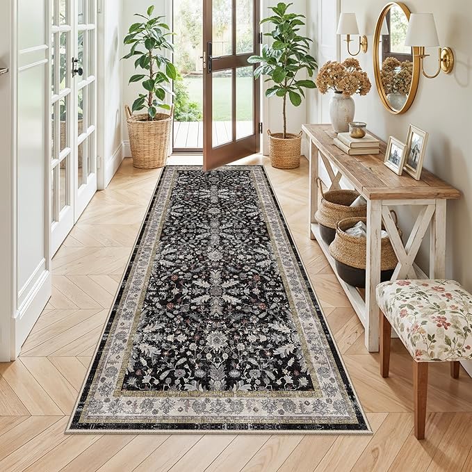 3x7 Washable Non-Slip Kitchen Runner Rug – Soft Low-Pile Stain-Resistant Carpet for Hallway Entryway Bedroom Laundry Room Bathroom – Boho Floral Wide Floor Runner with Rubber Backing (Black,3x7)