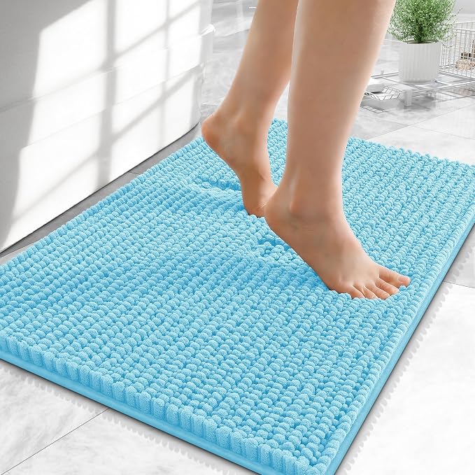 OLANLY Thick Small Bathroom Rugs 24x16, Extra Soft Absorbent Chenille Bath Rugs, Rubber Backing, Machine Wash Dry, Bath Mats for Bathroom Floor, Tub and Shower, Home Decor Accessories, Sky Blue