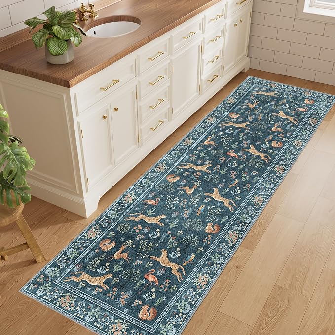 DUKINO 2x10 Rug for Hallway, Washable Kitchen Runner Rug with Non Slip Backing, Soft Low Pile Vintage Animal Runner for Bedroom, Kitchen, Hallway, Entryway, Laundry, Blue