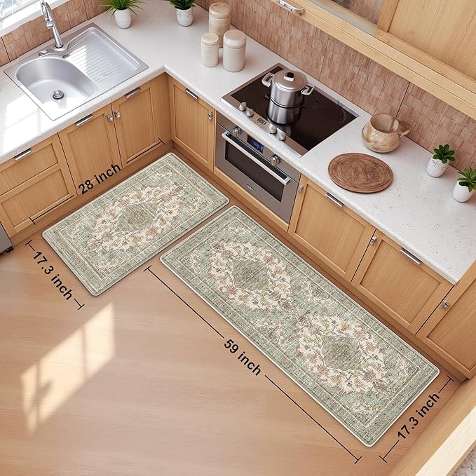 Boho Kitchen Mats for Floor 2 Piece Set Anti Fatigue Cushioned PVC Kitchen Rugs Non Slip Waterproof Farmhouse Mats 2/5 Inch Comfort Standing Mat for Laundry, 17.3"x59"+17.3"x28", Green Orange Beige