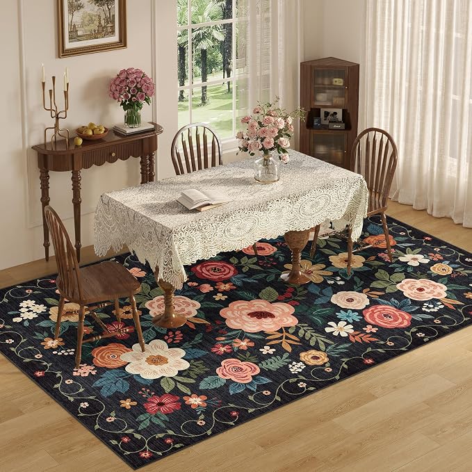 DUKINO Washable 5x8 Area Rug for Living Room, Lightweight Non Slip Floral Bedroom Rug with Non Shedding Design, Soft Low Pile Large Indoor Carpet for Dining Room, Kids Playroom, Nursery, Office, Black