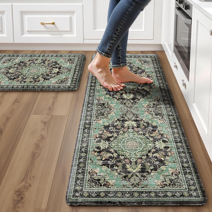 Boho Kitchen Mats for Floor 2 Piece Set Anti Fatigue Cushioned PVC Kitchen Rugs Non Slip Waterproof Farmhouse Mats 2/5 Inch Comfort Standing Mat for Sink, Laundry, 17.3"x59"+17.3"x28", Black Green