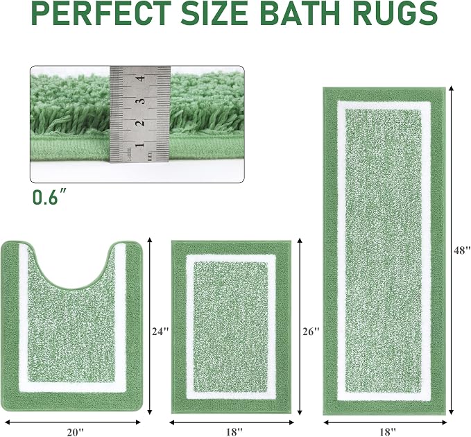 Pauwer Bathroom Rug Mat Set 3 Piece, Microfiber Shaggy Bath Set, Non-Slip Ultra Soft Carpet Mats, Absorbent with U-Shaped Toilet for Bathroom, Tub, Shower, Green