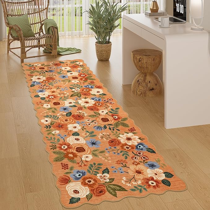 DUKINO 2.6x8 Runner Rug for Hallway, Washable Kitchen Rug with Non Slip Backing & Non-Shediing, Soft Low Pile Floral Design Runner for Bedroom, Kithchen, Living Room, Laundry, Bathroom, Orange