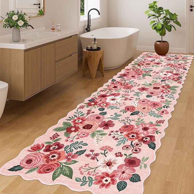 DUKINO 3x10 Washable Runner Rug, Non Slip Floral Ultra Soft Runner for Hallway, Lightweight Low Pile & Stain Resistant Long Throw Carpet for Kitchen, Bathroom, Entrance, Bedroom, Kids Room, Pink
