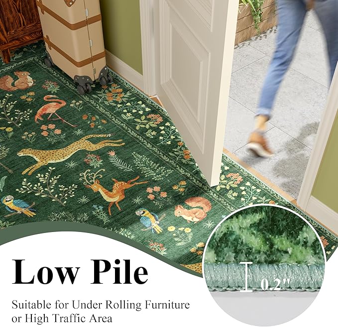 DUKINO 2x5 Rug for Hallway, Washable Kitchen Runner Rug with Non Slip Backing, Soft Low Pile Vintage Animal Runner for Bedroom, Kitchen, Hallway, Entryway, Laundry, Green