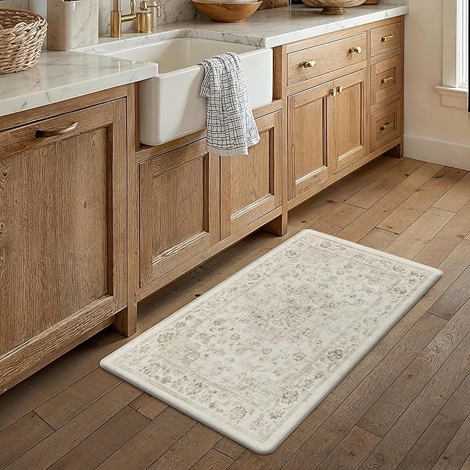 Anti Fatigue Kitchen Mat Beige Neutral Mats for Cushioned Vintage Kitchen Mats for Floor Non-Slip Waterproof Comfort Standing Rug for Sink Laundry Office 17.3"×30"