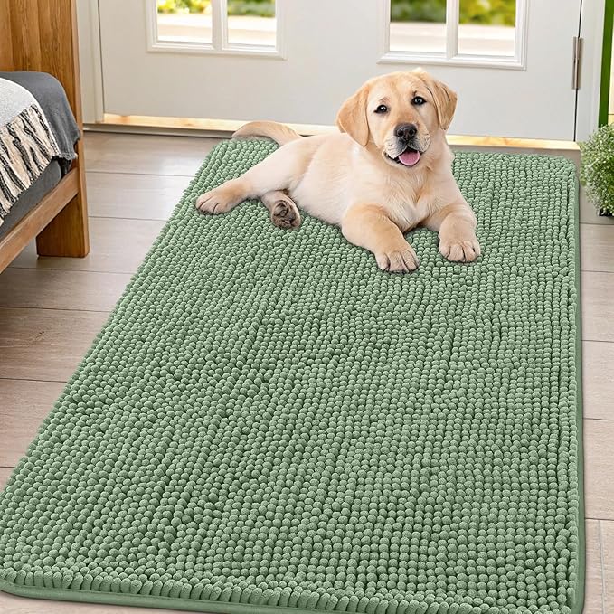 Smiry Dog Door Mat for Muddy Paws 47x32, Absorbent Dirt Trapper, Non-Slip Washable Chenille Entryway Rug for Inside Floor, Olive Green, Classic Solid