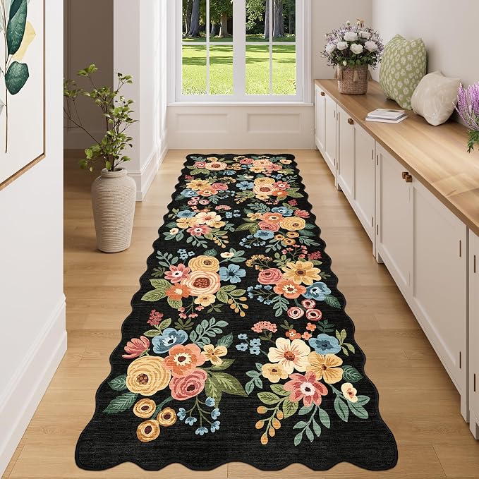 DUKINO 3x8 Washable Runner Rug, Soft Indoor Floral Non Slip Long Runner Rug for Hallways, Lightweight & Low Pile Floor Carpet for Kitchen, Entryway, Hallway, Bathroom, Laundry, Bedroom, Black