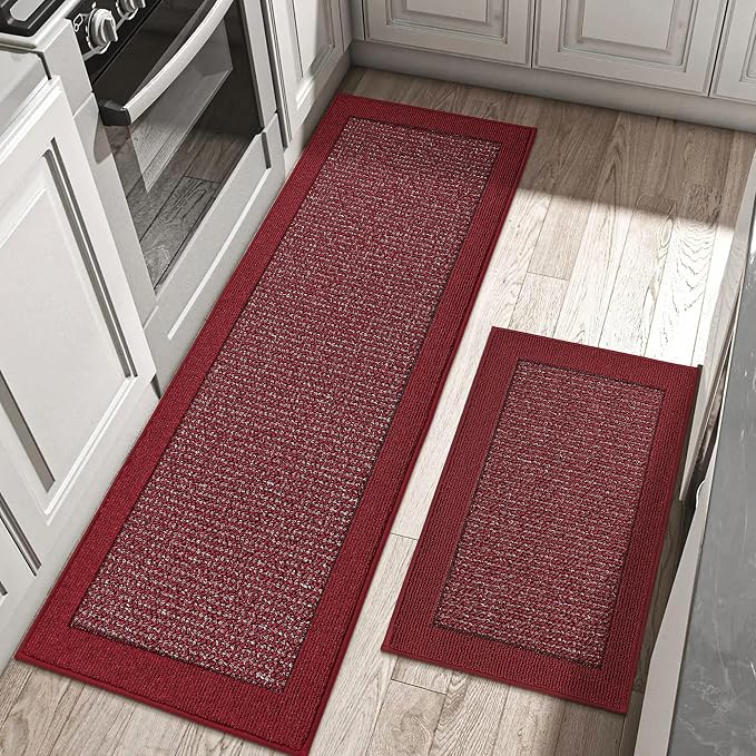 BEQHAUSE Kitchen Rugs and Mats Set of 2 Non-Slip Kitchen Mats for Floor, Absorbent and Stain Resistant Kitchen Runner, Machine Washable Rugs for Kitchen, Laundry & Sink, 24"x36"+24"x60", Red