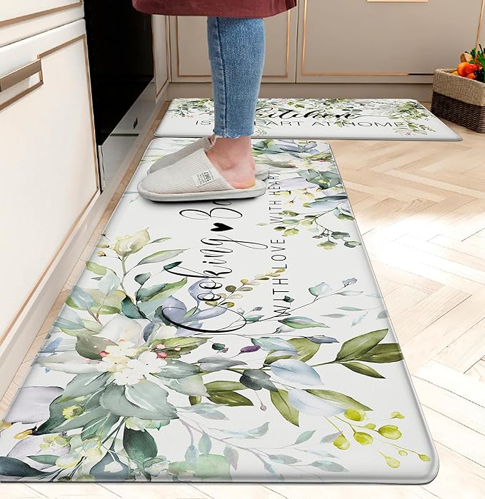 weesire Green Kitchen Rug Anti Fatigue Mats for Kitchen Floor Kitchen Rugs Sage Green Floral Herb Memory Foam Kitchen Mat Cushioned PVC Leather Kitchen Rug Set, 17.3x28+17.3x47 inchs
