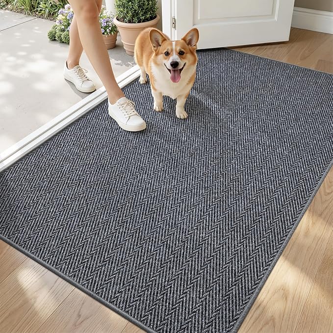 LUMI Ultra Thin Indoor Door Mat for Entrance 36"x56", Non Slip Entryway Mat, Low Profile Doormat, Unique Herringbone Design Carpet for Inside, Patio, Porch, Navy Gray
