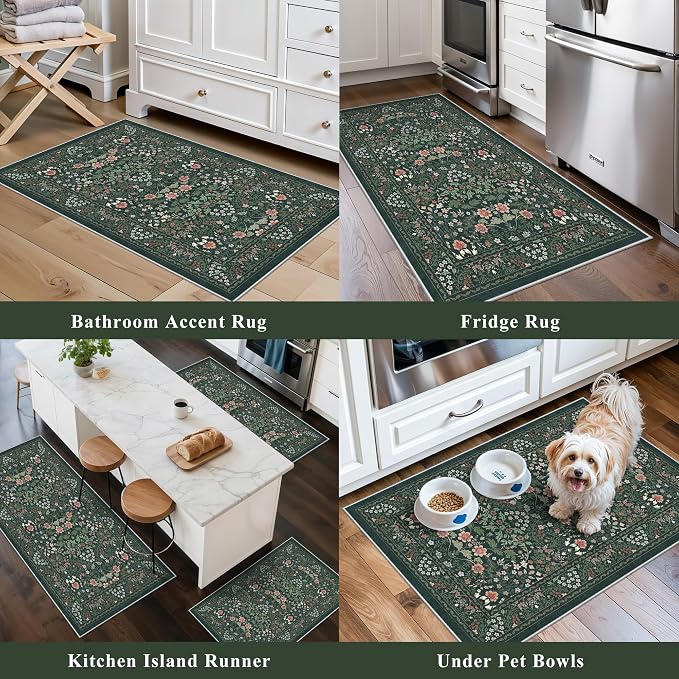 3 Piece Kitchen Rug Set, Washable Non-Slip Kitchen Mats for Hardwood Floor, Boho Farmhouse Kitchen Runner Rug for Sink,Entryway & Hallway & Bathroom (Dark Green, 2x3+2x4+2x5)