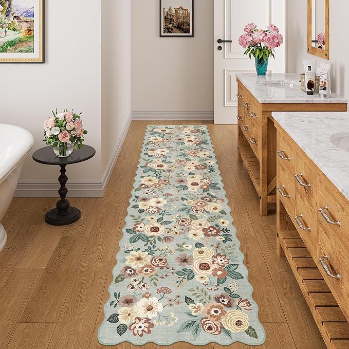 DUKINO 2x8 Washable Runner Rug, Soft Floral Hallway Rug Runner with Low Pile Design, Non Shedding & Non Slip Backing Thin Indoor Carpet for Bedroom, Bathroom, Entrance, Kitchen, Sage Green