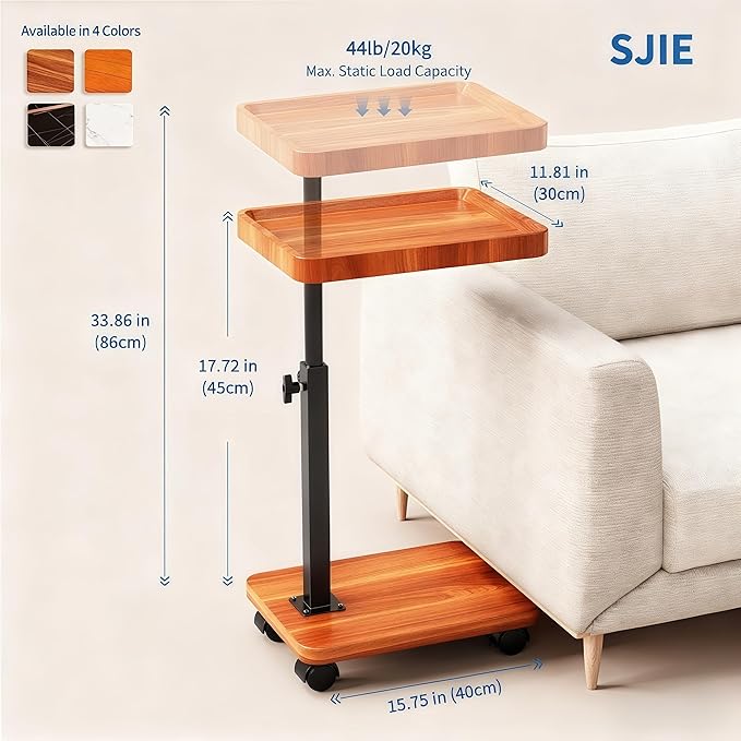 C Table End Table Adjustable Height, 360°Swivel TV Tray Table for Small Spaces, Side Tables with Wheels for Living Room and Bedroom, Bed (Yellow)