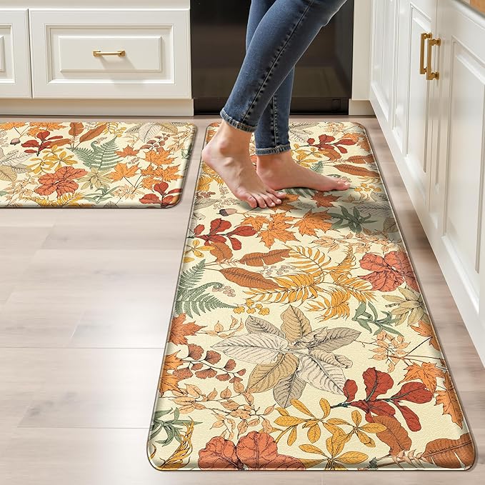 Orange Brown Botanical Kitchen Rugs Set of 2 Fall Maple Anti-Fatigue Kitchen Mat Natural Comfort Standing Waterproof PVC Mats 2/5" Thick Leather Carpet for Laundry Office Sink(17.3"x28"+ 17.3"x47")